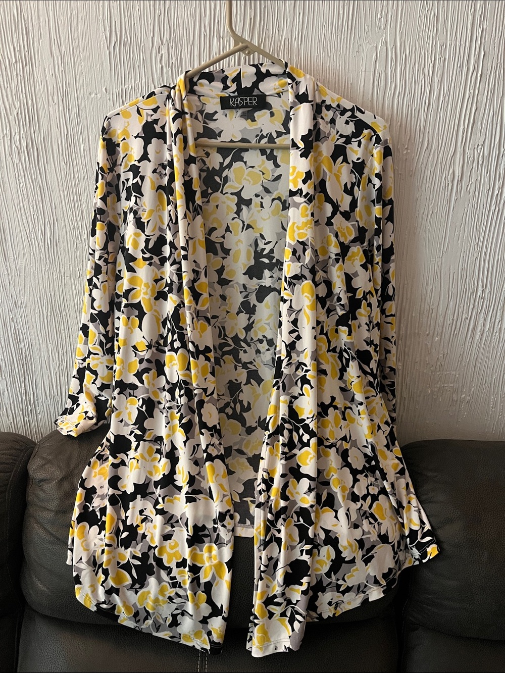 Kasper Yellow Black White Floral Open-Front Tunic